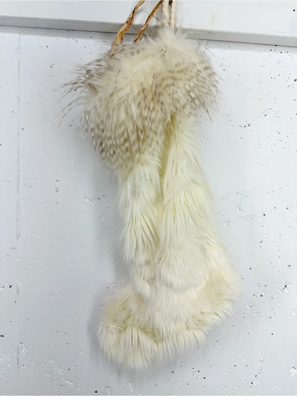 Anthropologie North Pole Off White Faux Fur Stocking NEW
